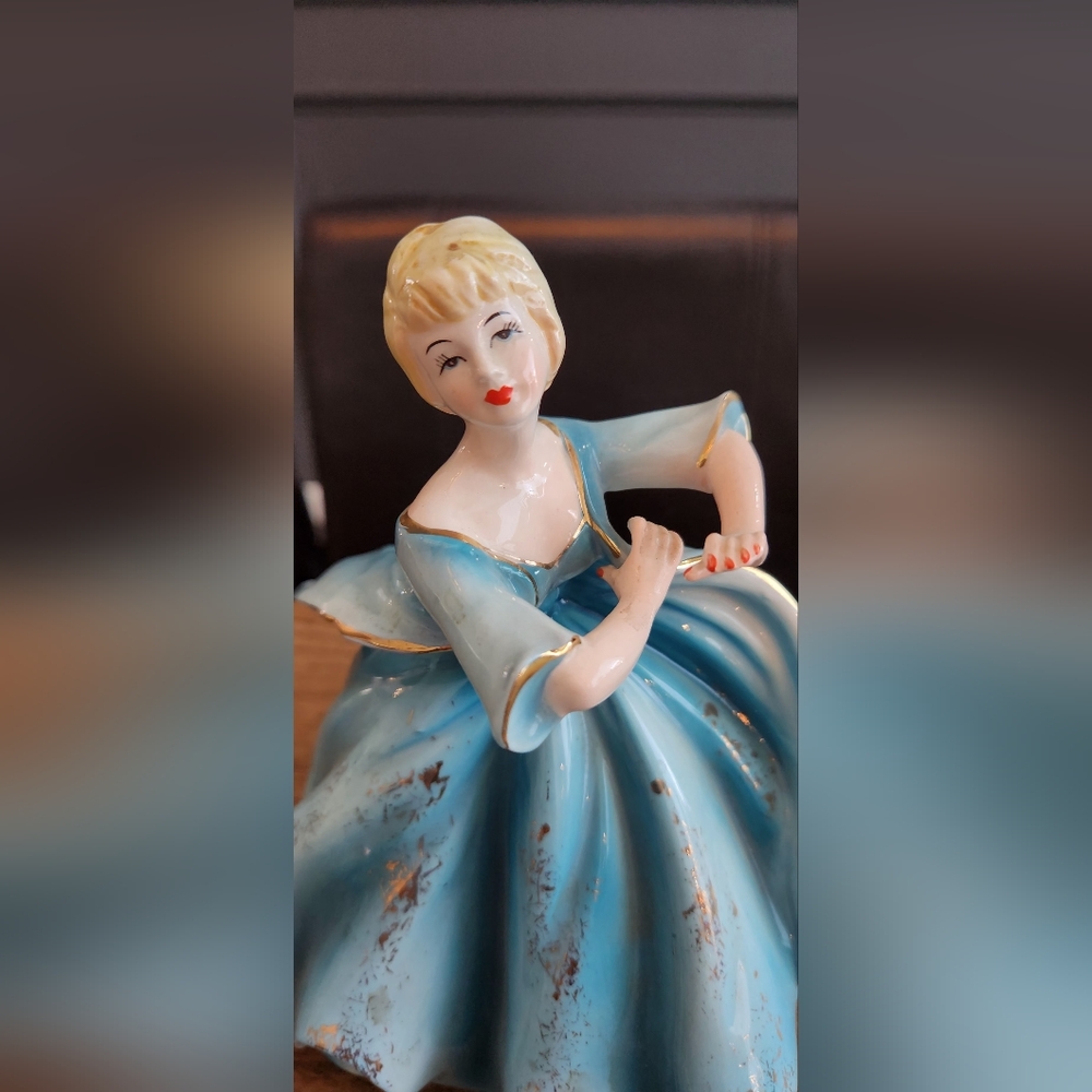 Vintage Lady Dancer Planter Blue Dress Gold Accent Japan